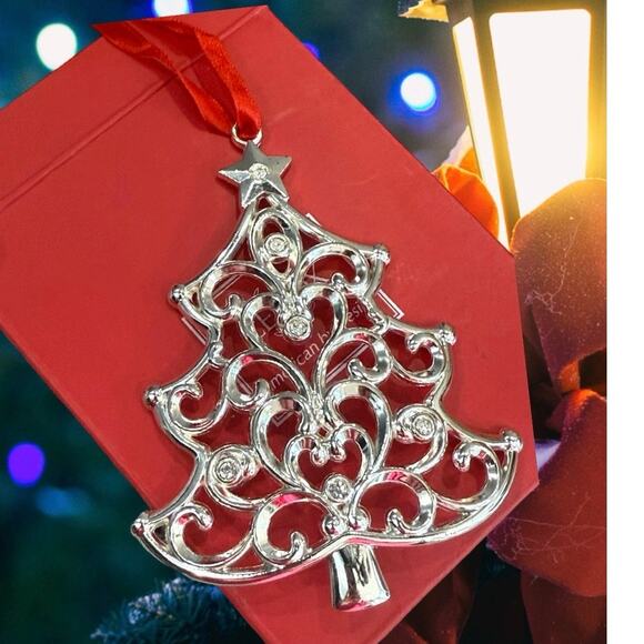 VTG Lenox Sparkle & Scroll Silver Plated Crystal Christmas Tree Ornament w/ Box - Picture 11 of 13